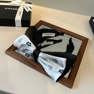 CHANEL Black and White Floral Bow Tie